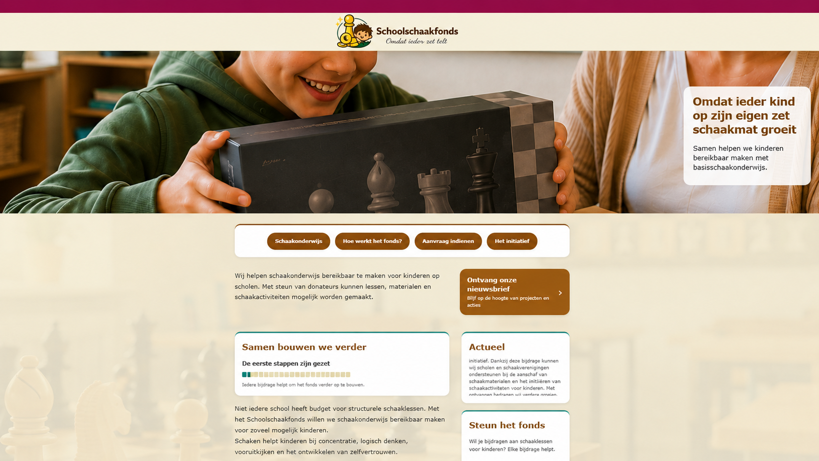 Screenshot van de website Schoolschaakfonds